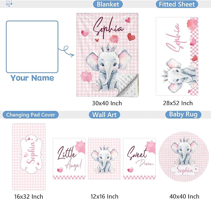 Personalized Baby Crib Set, 5 Pcs Custom with Name, Soft Elephant Crib Bedding, Double Layer Toddler Infant Bedding, New Parents Gifts