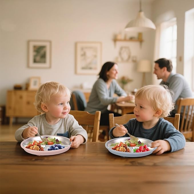 ShineMe Stainless Steel Kids Plates 2 Pack, 9”Suction Plates for Baby with Removable Colored Silicone Sleeves, Unbreakable Toddler Divided Plate Non Toxic for Snack, Meal...