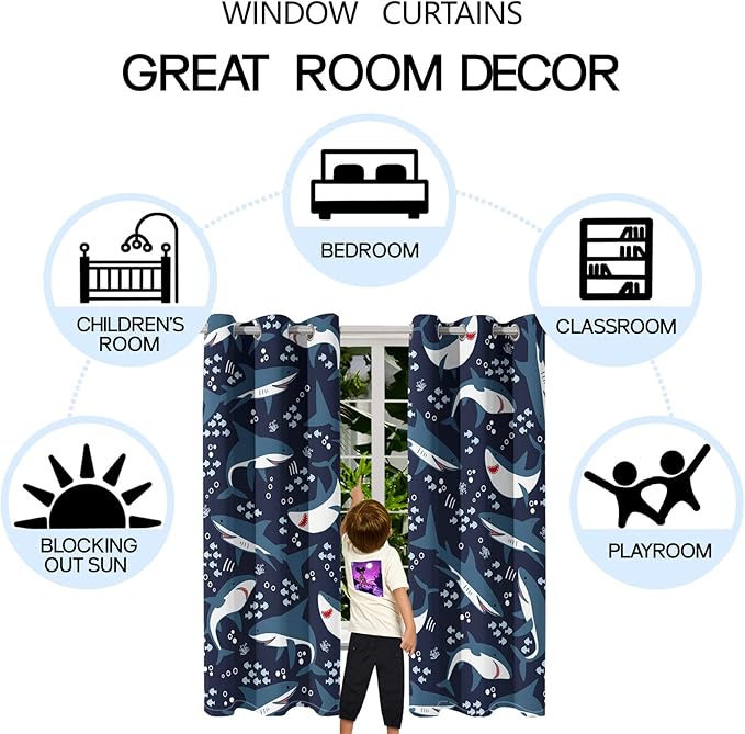 Cartoon Shark Blackout Curtain Panels Curtains Blue Curtains for Boys Bedroom Grommet Top Window Treatment 2 Panels Drapes Kids Room Decor Navy Blue Curtains 84 Inch Length, 82''x84''