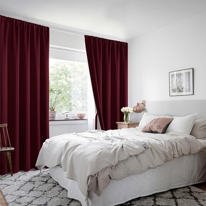 XWZO 100% Blackout Curtains Panels with Tiebacks- Heat and Full Light Blocking Window Drapes for Bedroom/Nursery, 95 Inches Long Thermal Insulated Draperies, Rod Pocket,Burgundy, W52 x L95, Set of 2