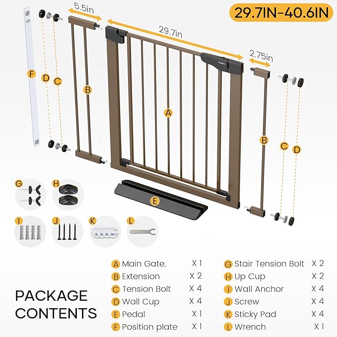 Cumbor 29.7-40.6" Baby Gate for Stairs, Mom's Choice Awards Winner-Dog Gate for Doorways, Pressure Mounted Self Closing Pet Gates for Dogs Indoor, Durable Safety Child Gate with Easy Walk Thru Door