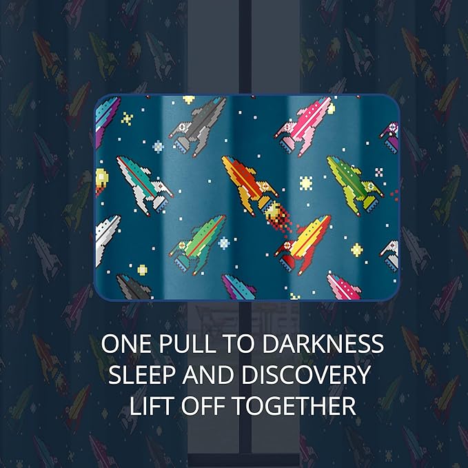 Pixel Rocket Kids Blackout Curtains - 100% Blackout, Thermal Insulated, Noise Reducing, Perfect for Kids Room and Nursery, 2 Panels (Pixel Rocket Fleet, W52×L84)