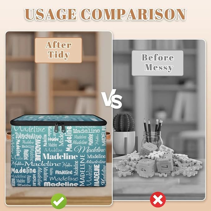 Custom Storage Basket with Name, Personalized Storage Bins with Zipper Lid, Foldable Fabric Storage Box Large capacity with Handle Grey Blue Green