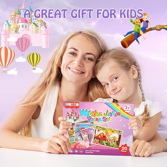 Wooden Puzzles Toys for Kids Ages 3-5, Set of 4 Packs with 20-Piece Unicorn Mermaid Princess Wood Jigsaw Puzzles, Preschool Educational Brain Teaser Toys for Girls 3 4 5 6 Years Old.