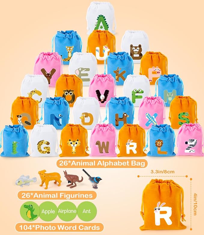 Alphabet Learning Toys for Toddlers, Word Work Small Group Set with 104 Phonics Flash Cards and 26 Animal Figurines, Fun Education Classroom Supplies Alphabet Sounds Teaching Games for Kids