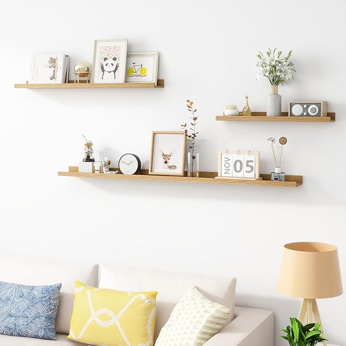 Picture Ledge Shelf, Wood Long Floating Shelves for Wall, Set of 2, 48 inch Picture Ledge Shelves, Photo Ledge Nursery Book Shelves Wall Mounted for Living Room Kids' Room Bedroom, Color Oak