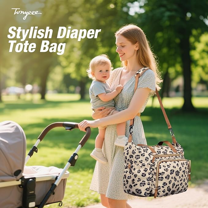 Diaper Bag Tote, Large Baby Diaper Bags for Travel, Hospital Bag for Labor Delivery with Pacifier Case, Changing Pad, Shoulder Strap, Leopard Print