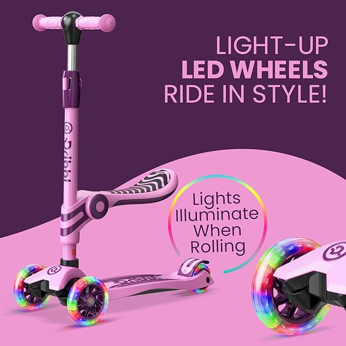 Pink & Purple 3 Wheel Scooter with Seat for Kids – Light-Up LED Wheels, Adjustable Handlebar and Seat, Smooth PU Wheels, Wide Anti-Slip Deck, Rear Foot Brake – Toddler Outdoor Toys for Ages 2+