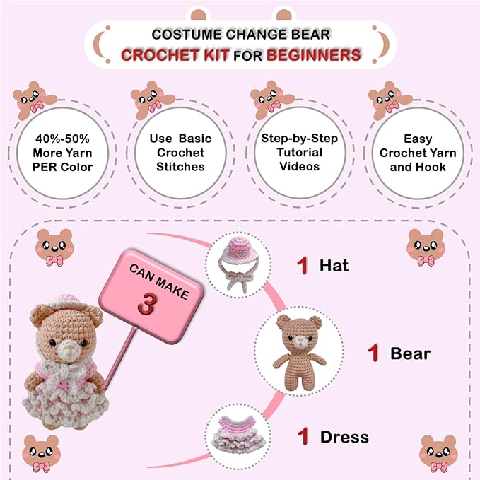 LoopMap Crochet Kit for Beginners - DIY Amigurumi Bear with Removable Dress & Accessories - Step-by-Step Video Tutorials, Extra Yarn, Crochet Tools, Handmade Gift for Kids & Adults (Bear K02, Pink)