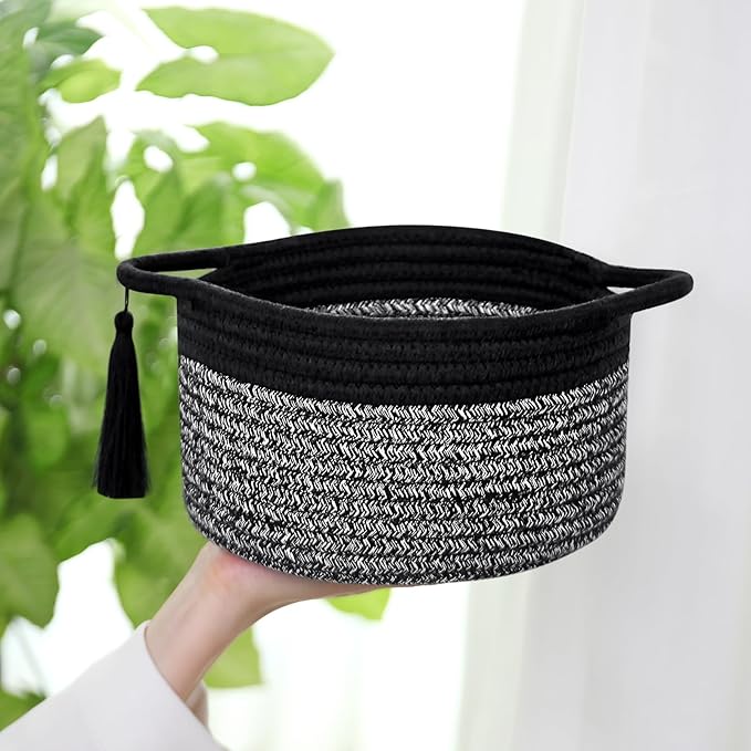 Empty Gift Basket Mini Woven Rope Organizer Baskets for Baby Shower, Vanity, Makeup Brushes, Bathroom, Shelves, Desk - Small Decorative Storage Bins - Set of 2, Pre-Shaped, Black Grey