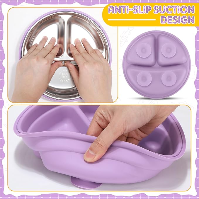 Nuogo 2 Pcs Stainless Steel Baby Suction Plates with Removable Silicone Shell 2-in-1 Metal Toddler Bowl Divided for Picky Eaters Kid Feeding Led Weaning Supply, Dishwasher Safe (Yellow,Purple)