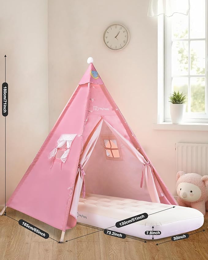 Teepee Tent for Kids with Inflatable Airbed, String Lights, Balloons, Pump, Washable Slumber Party Tent Indoor Outdoor for Girls Boys, Children Tipi Playhouse for Playtime and Sleepover
