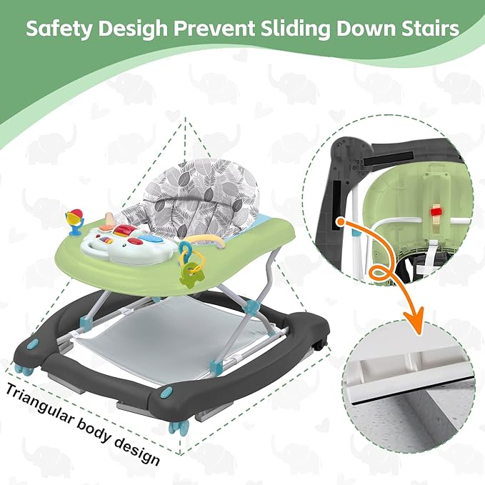 Foldable Baby 5-in-1 Activity Walker - Rocker, Activity Center, Bouncer, Seat Walker, Push Walker - Adjustable Speed Rear Wheels and Height Toys Ages 6-18 Months… (Green)
