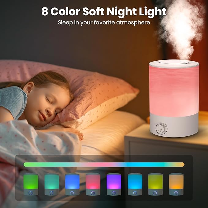 Esemoil Humidifiers for Bedroom, 2.5L Cool Mist Ultrasonic Air Humidifier with Top Fill & Quiet, 360ยฐ Nozzle, BPA Free, 25 Hour Diffuser with 8 Color Light & Auto Shut-off for Home Baby Nursery Plants