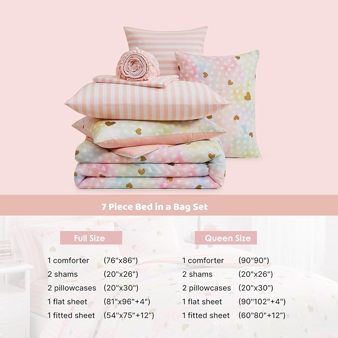 Queen Comforter Set with Sheets for Girls-7 Pieces Queen Bedding Sets with Pink Comforter, Sheets, Pillowcases & Shams for Kids (Colorful Gold Heart, 90" X 90")