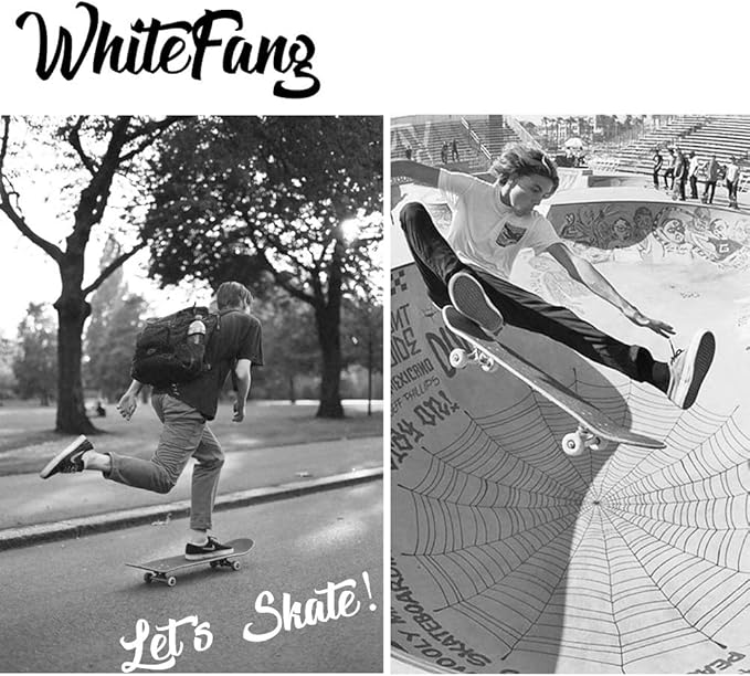 WhiteFang Skateboards for Beginners, Complete Skateboard 31 x 7.88, 7 Layer Canadian Maple Double Kick Concave Standard and Tricks Skateboards for Kids and Beginners