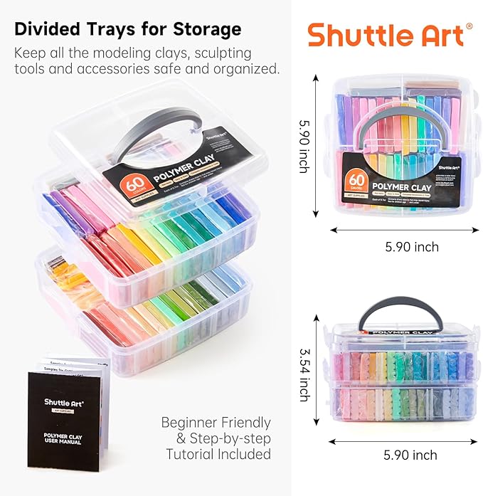 Shuttle Art Polymer Clay Kit - 60 Colors, 19 Tools, and 16 Accessories - Non-Toxic and Non-Sticky DIY Crafts for Kids and Adults