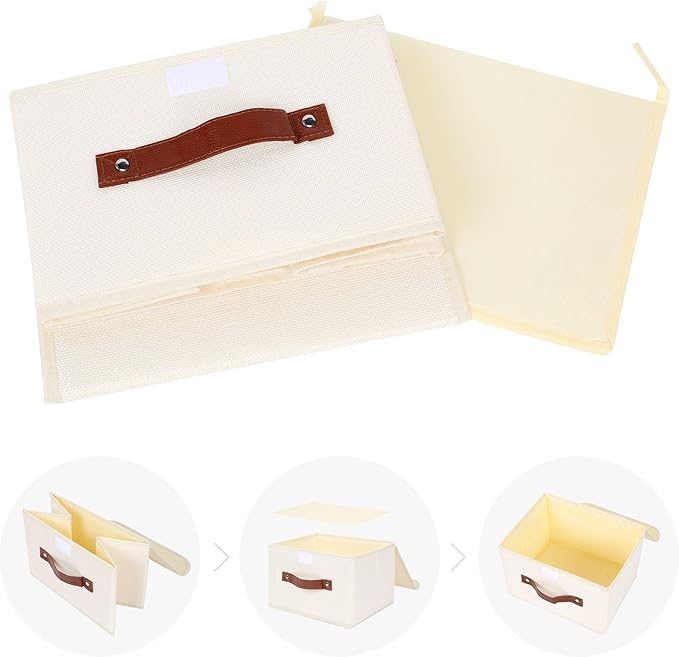 ANMINY 2PCS Storage Bins with Lid PU Leather Handles Storage Boxes PP Plastic Board Decorative Foldable Lidded Cotton Linen Fabric Home Cubes Baskets Closet Organizer Containers - Beige, Small Size