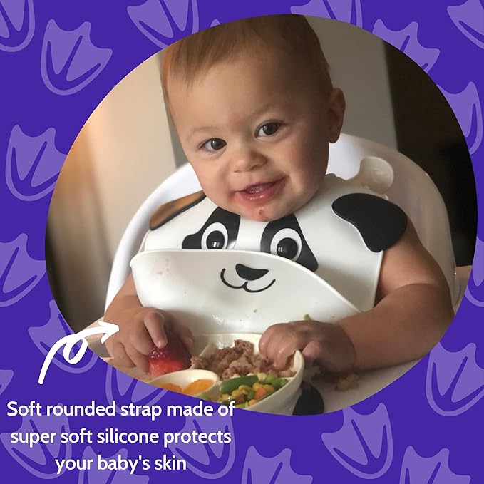 Silly Goose Silicone Animal Baby Bibs for Babies and Toddlers, Waterproof, Adjustable, Soft, Extra Wide Food Catcher Pocket (Baby Panda)