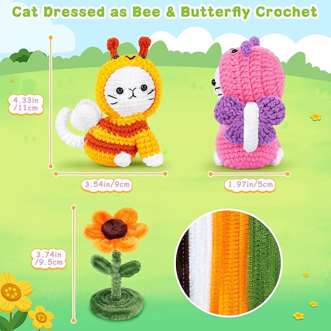 Crochet Kit for Beginners, 2PCS Cats Dressed as Bee and Butterfly Crochet Kits with Step-by-Step Video Tutorials, Beginner Crochet Kits for Kids and Adults, Animal Crocheting Kit for Starters