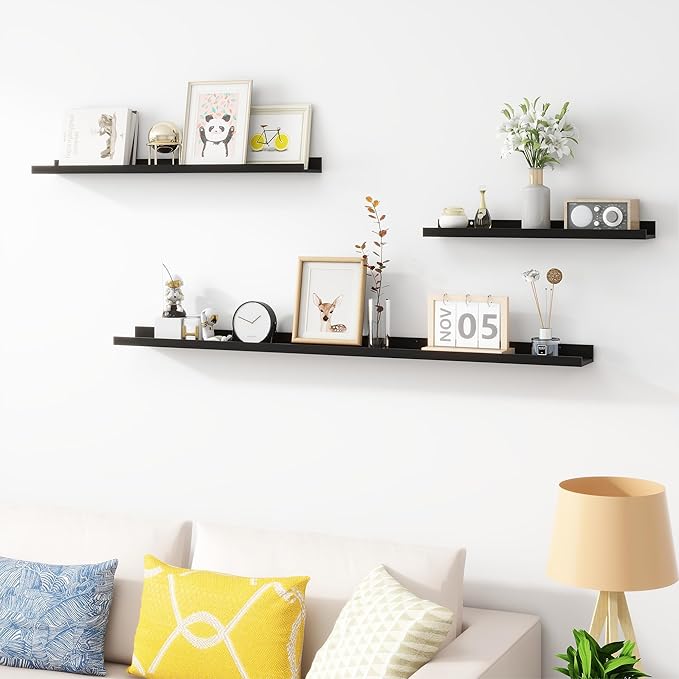 Picture Ledge Shelf, Wood Floating Shelves Set of 4, 24 inch Picture Ledge Shelves, Photo Ledge Nursery Book Shelves Wall Mounted for Living Room Kids' Room Bedroom, Color Black