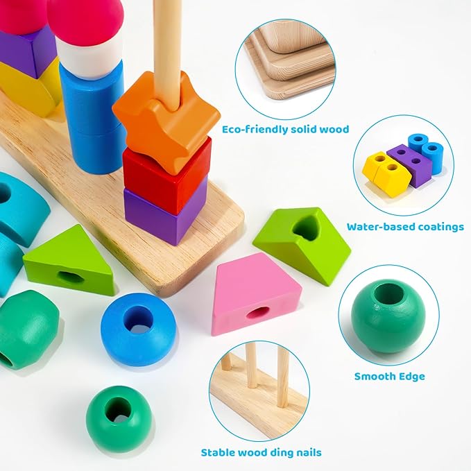 Montessori Toys for 2 3 4 Year Old Kid Boy Girl Toddler, Montessori Wooden Beads Sequencing Toy Set, Lacing Beads & Stacking Block & Matching Shape Stacker, STEM Preschool Learning Toy Birthday Gift