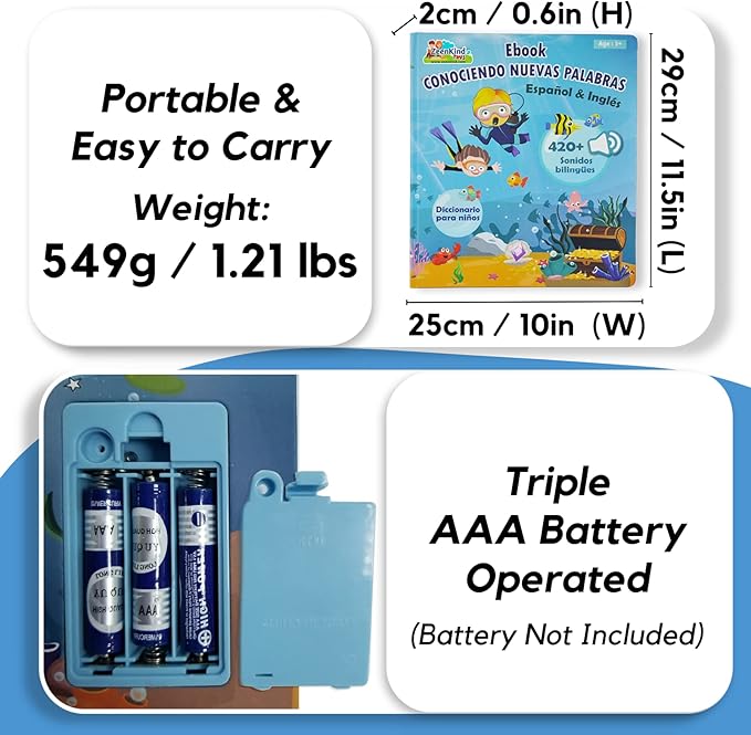 ZEENKIND Spanish & English Talking Learning Book for Kids 2 3 4 5 6 Years Old, 420 Words Toddler Educational Toys to Learn Spanish Interactive Audio Sound Books Bilingual Musical Toy Juegos para Niños