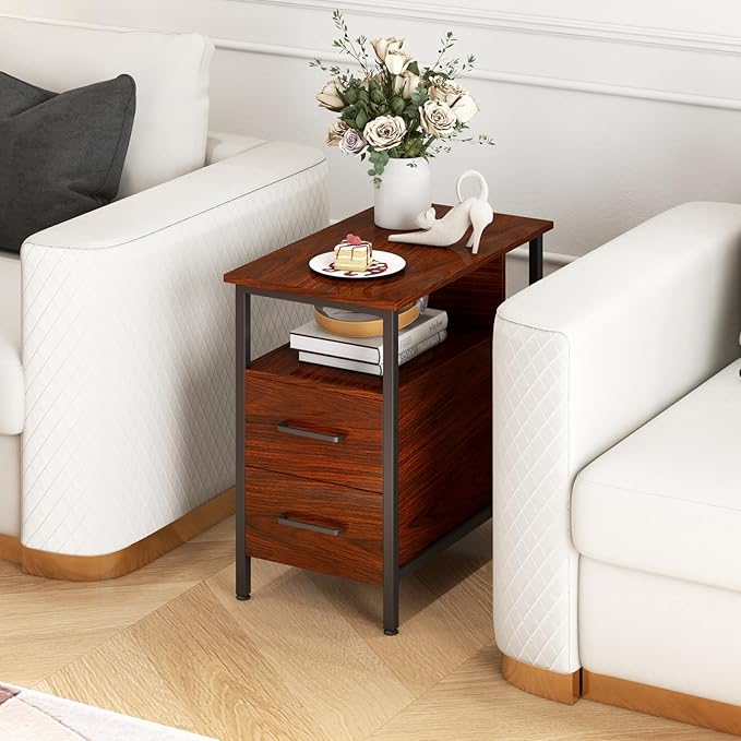 Narrow Side Tables with Charging Station, Narrow End Table with Wooden Drawers, USB Ports and Power Outlets, Nightstand and Bedside Table for Bedroom, End Tables Living Room, Espresso