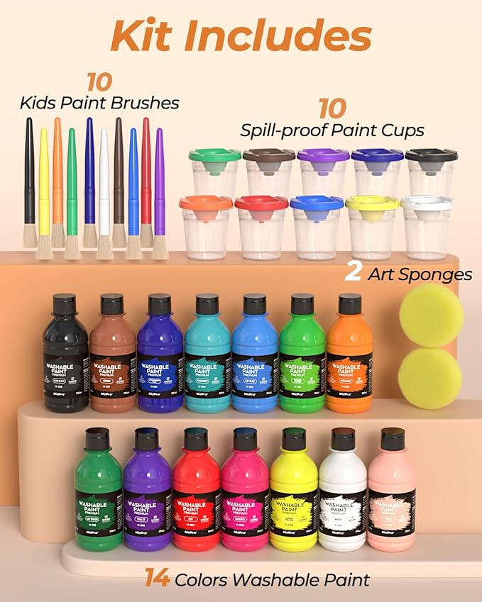 Nicpro 14 Colors Large Washable Paint for Kids 8.45oz/250ml, Non Toxic Children Tempera Finger Paints with Paint Brushes, Cups and Sponge for Art, Poster, School, Classroom, Craft DIY, Children