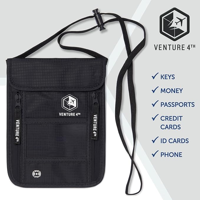 VENTURE 4TH Passport Holder Neck Wallet with RFID Blocking Nylon Lining - Hidden Neck Pouch for Travel (Pure Black)