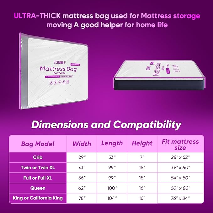 ZCHENBS® – Mattress Bags for Moving and Storage,Mattress Bag with Zippers,5 Mil Ultra-Thick Bed Bag,Waterproof,Anti-Tear,Heavy-Duty Mattress bag (Tansparent/Purple, Full/Full XL-(1 Pack))