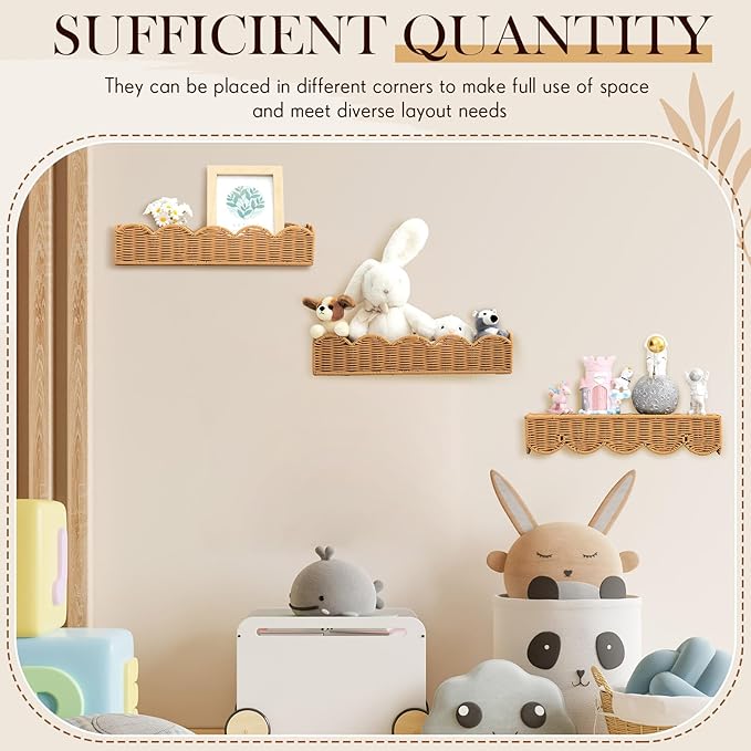 Pinkunn 3 Set Nursery Book Shelves Scalloped Rattan Wall Shelf 15.8 x 3.2 Inch Wall Mounted Plastic Floating Book Shelve, Hanging Boho Wicker Woven Shelf for Nursery Decor and Storage (Natural Wood)
