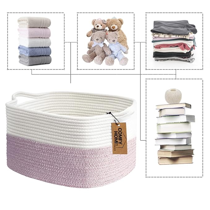 COMFY-HOMI Cotton Rope Woven Medium Basket with Handles for shelf,Cloth Storage Basket for Organizing-13.5X11X9.5 Storage Bin for Bedroom, Newborn or Infant Gift for boy girl (White/Pink)