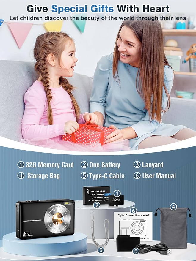 Digital Camera,FHD 1080P Kids Camera 44MP Point and Shoot Digital Cameras with 32GB Card,16X Zoom,Anti-Shake,Date Stamp,Compact Small Cameras Photography for Kids Student Teen Girl Boy(Black)