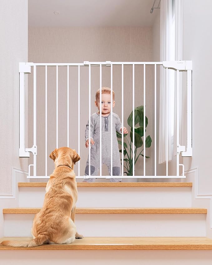 Cumbor 29.2-43" No Bottom Bar Baby Gate for Stairs, 2-in-1 Hardware Mounted Dog Gate Indoor, Auto Close Pet Gate for Doorways with Large Walk Thru Door, Wide Child-Proof Safety Gates for Kids (White)