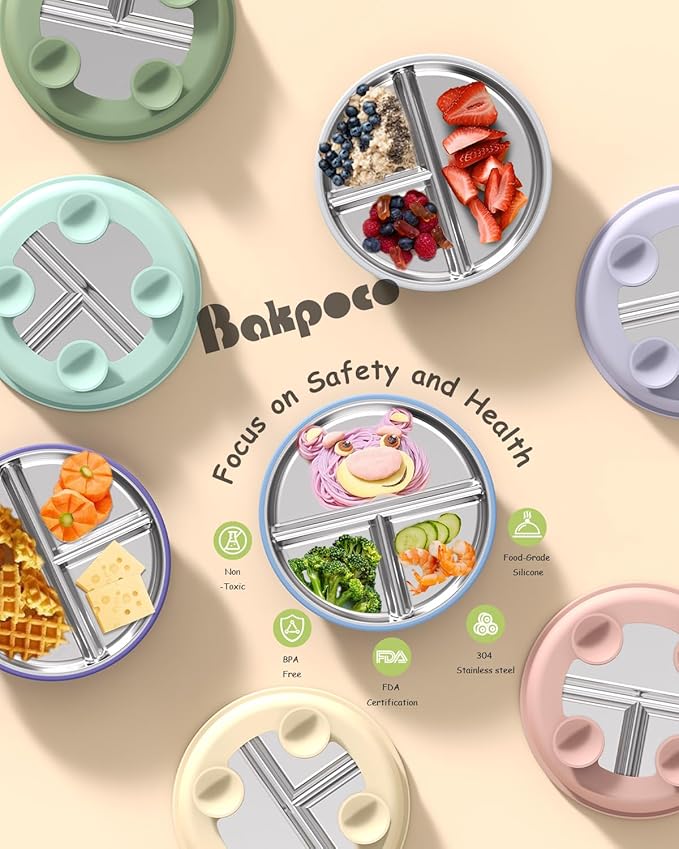 Stainless Steel Toddler Plate with Suction, 8” Divided Plates with Removable Silicone Sleeves for Baby, Non Toxic & BPA Free | Non Slip | Unbreakable Kids Snack Dishes Set of 2, Green & Purple