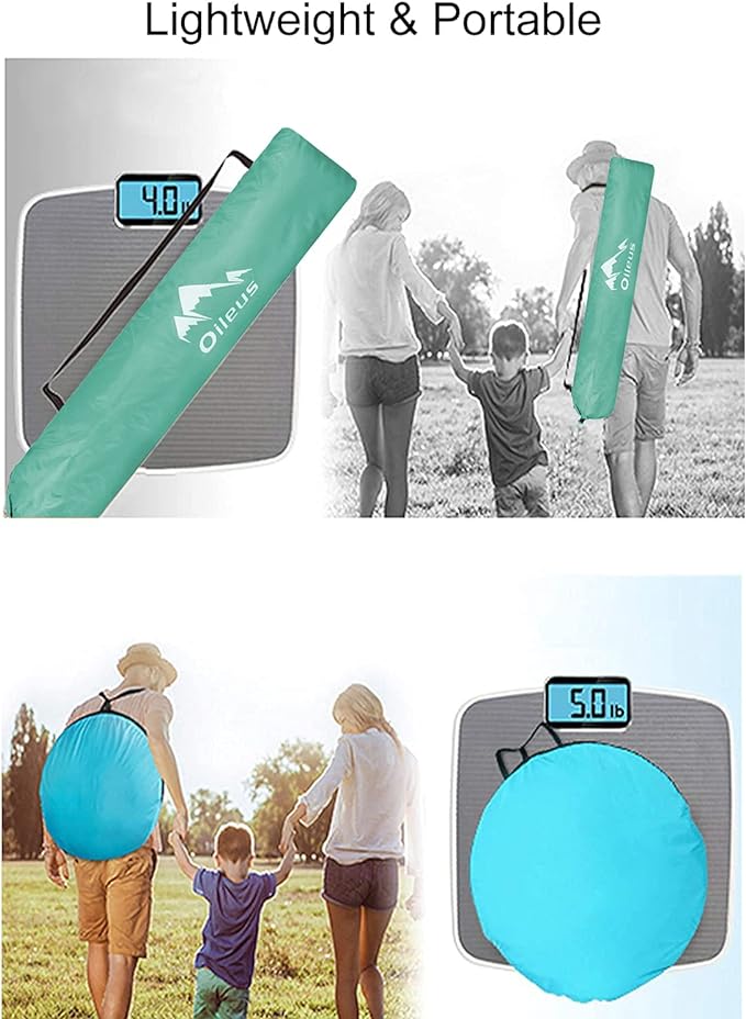 Oileus X-Large 4 Person Beach Tent Sun Shelter - Portable Sun Shade Instant Tent for Beach with Carrying Bag, Stakes, 6 Sand Pockets, Anti UV for Fishing Hiking Camping, Waterproof, Light Green