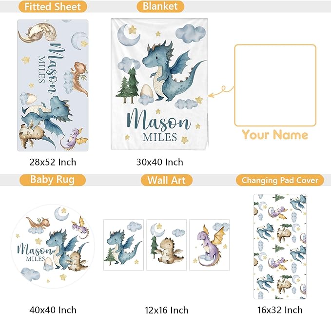 Custom Baby Crib Bedding Set, 5 Pcs Personalized Name Baby Crib Sets for Infant Toddler, Blue Dinosaur Nursery Bedding Set for Baby Boy, Double Layer Baby Bedding Sets Customized Gifts