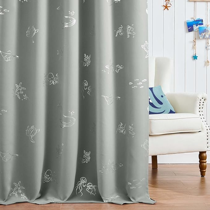 Vangao Kids Curtains for Boys Bedroom Kids Blackout Curtains 63 Inch Length Ocean Aquarium Nursery Drapes for Girls Bedroom Silver Sea Animals Print Thermal Insulated Drapes, Grey 2 Panels