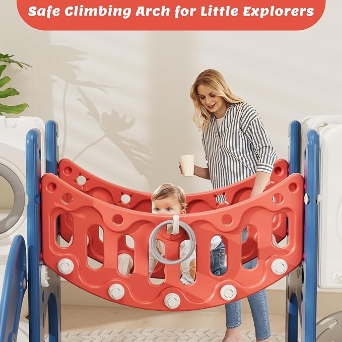 KORIMEFA 10 in 1 Toddler Slide Set, Kids Slide for Toddlers, Outdoor Indoor Playground for Toddlers 1-3, Toddler PlaySet with Basketball Hoop and Ball Golf Set, Climbing Arch(Red & Blue)