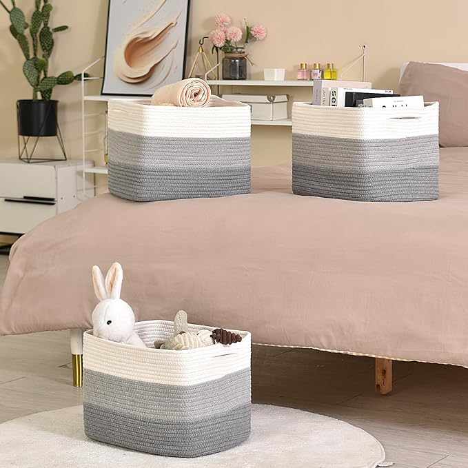 Storage Baskets for Organizing Shelves, Woven Cotton Rope Baskets for Storage Books Towels Toys, Organizing Baskets, Toy Basket for Nursery Bathroom, 15"x11"x9.5", 3 Packs, Gradient Grey