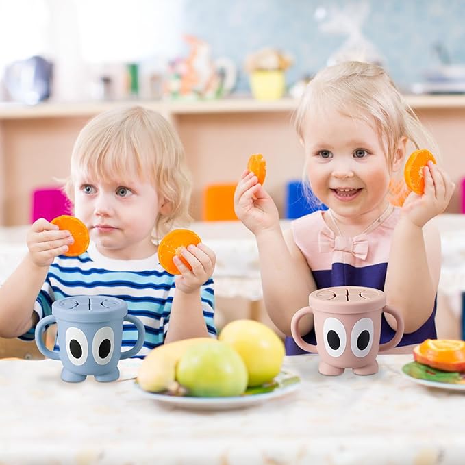 Silicone Snack Cups Food Container for Toddlers and Babies, Spill Proof Training Cup with Snack Cup Lid & Dust Proof Lid, Comes with a toy strap, Without BPA, Lead, or Phthalates (Sage & Gray)