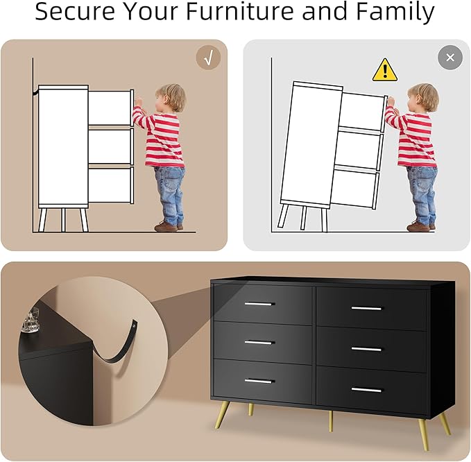 Shintenchi 6 Drawer Dresser, Wide Chest of Drawers Organizer Storage with Drawers, Large Storage Cabinet, Modern Design Dresser for Bedroom, Living Room, Porch, Black