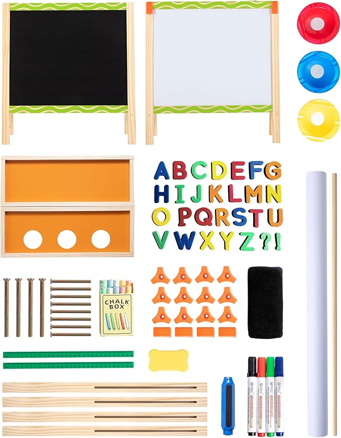 Kids Easel 3-1 Adjustable Art Easel Wooden Drawing Board Double-Sided with Magnetic Whiteboard & Chalkboard for Ages 3-8, Foldable Design Includes Paper Roll