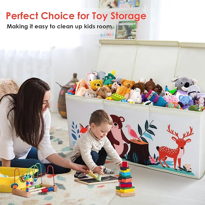 Toy Box Chest for Kids, Collapsible Oxford Toy Storage Box with Handles for Boys Girls, Extra Large Sturdy Waterproof Toy Organiser for Bedroom Playroom, 37.7×12.5×15.7 Inch (Forest Animals)