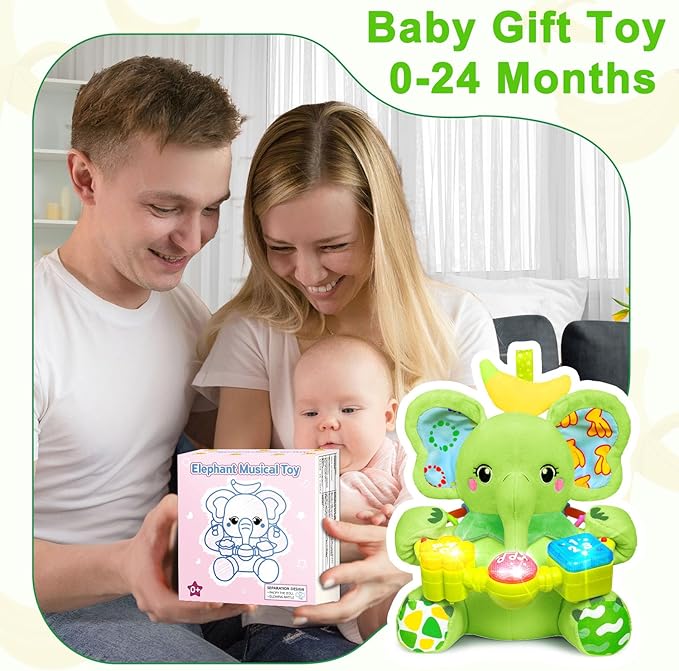 Baby Elephant Musical Stuffed Animals Toy with Light-Up Music & Crinkle Sound Paper,Infant Bilingual Early Learning Education Toys,Tummy Time Toys for 0-3-6-12+ Months Boy Girl, Green