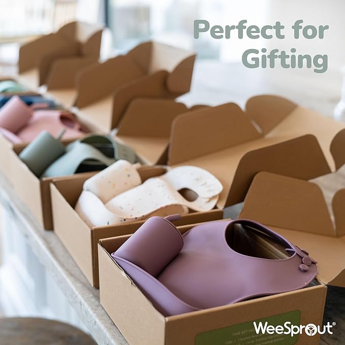 WeeSprout Baby Led Weaning Bundle, Silicone Suction Bowl, Spoons, Bib & Cup, Develops Self Feeding Skills, Dishwasher Safe (Pink)