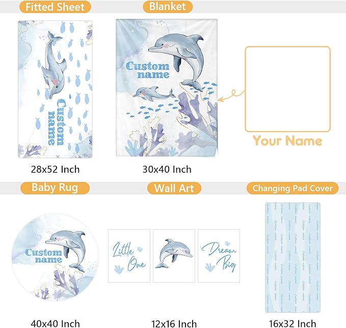 Personalized Baby Crib Bedding Set, 5 Pcs Custom Name Nursery Bedding Set, Blue Dolphin Baby Bedding Set for Girls Boys, Double Layer Baby Crib Sets, Customized Gifts for Toddlers Kids Infants