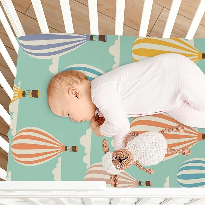 Hot Air Balloon Clouds Crib Sheets for Boys and Girls, Fitted Baby Crib Sheets Soft and Breathable Mini Crib Sheets 52 X 28 X 9 Inches