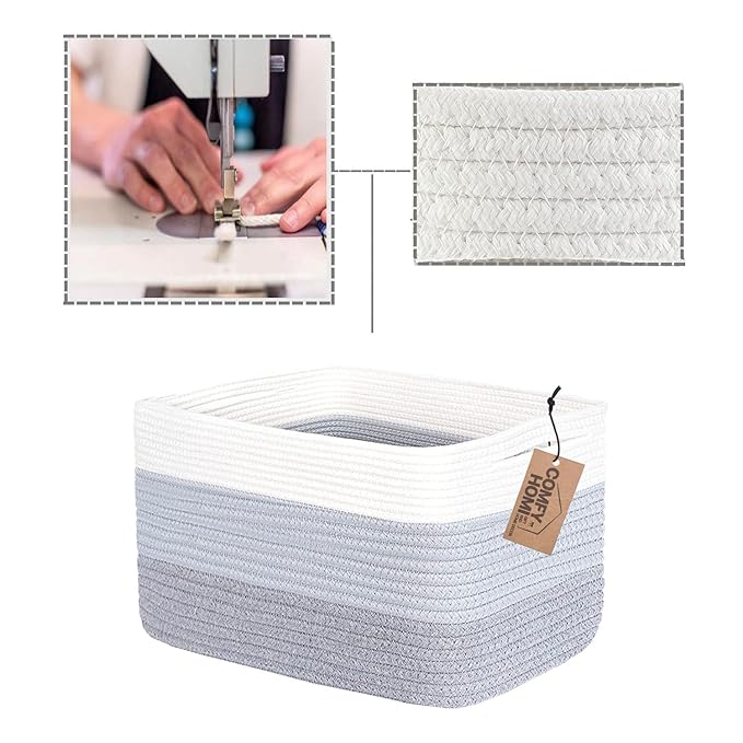 COMFY-HOMI 3PACK Cotton Rope Woven Basket With Handles for Shelves, Toy, Book, Cloth Storage Basket for Organizing|13.5" x 11" x 9.5" Decorative Nursery Cube Bin for Living Room(White / 3-Tone Grey)